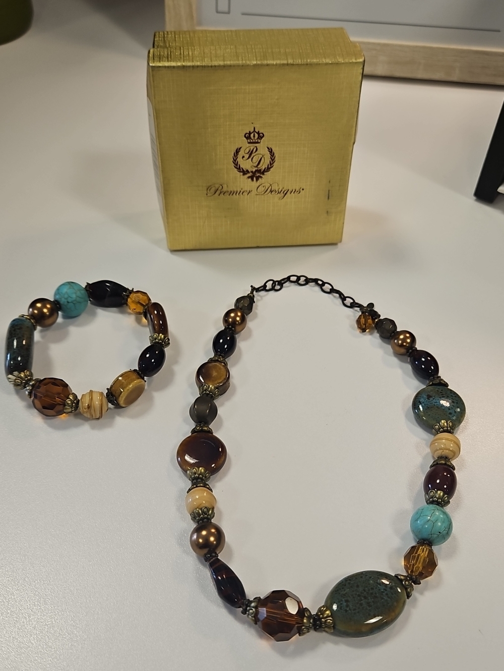 Premier Designs Turquoise, Brown & Gold Beaded Necklace with Bracelet Set
